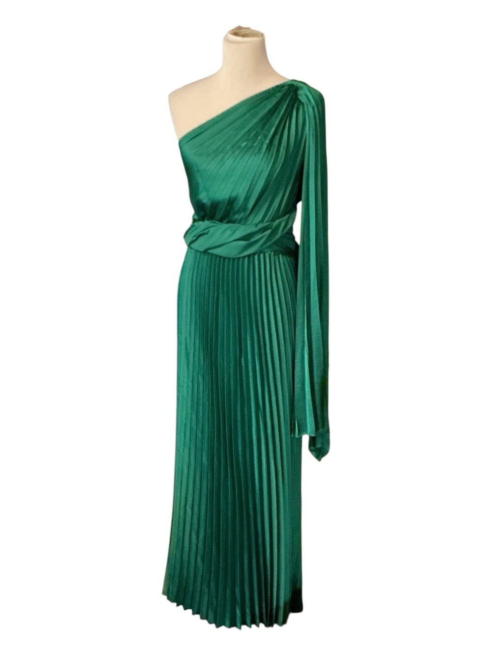 One-Shoulder Emerald Green Pleated Evening Dress